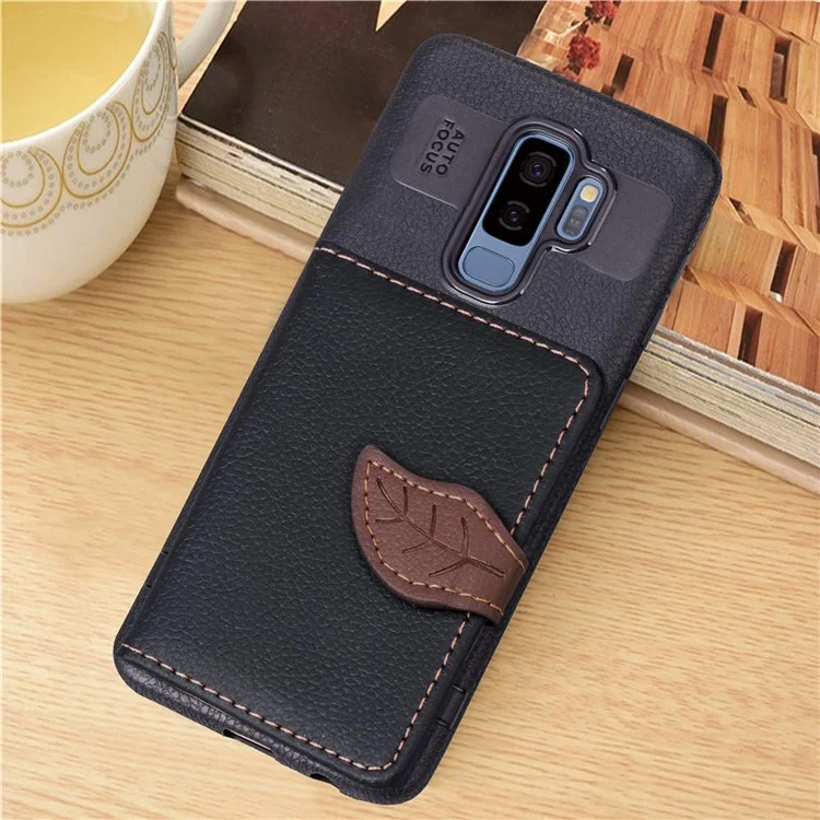 Leaf Shape Magnetic Flap Leather Back Wallet Casing with Kickstand for Samsung Galaxy S9 Plus SM-G965 - Black