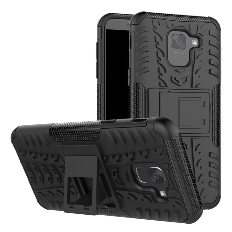 Tyre Pattern PC TPU 2-in-1 Hybrid Case with Kickstand for Samsung Galaxy J6 (2018) - Black