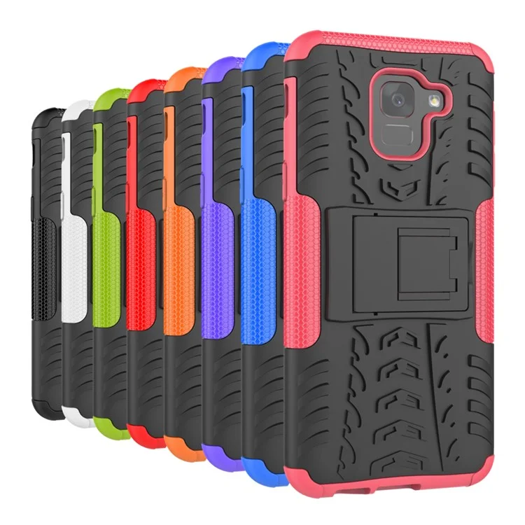 Tyre Pattern PC TPU 2-in-1 Hybrid Case with Kickstand for Samsung Galaxy J6 (2018) - Black