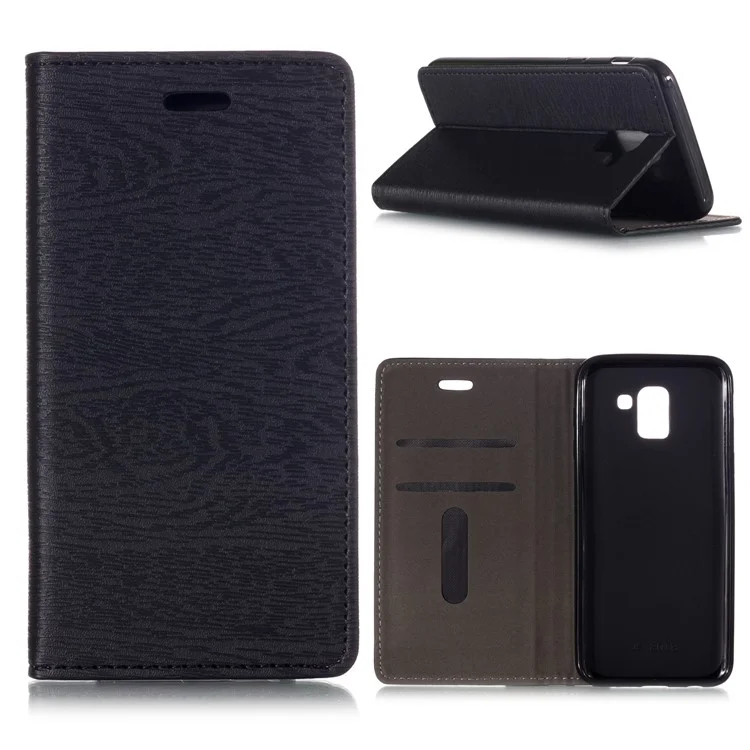 Auto-absorbed Wood Texture Leather Card Holder Case for Samsung Galaxy J6 (2018) - Black