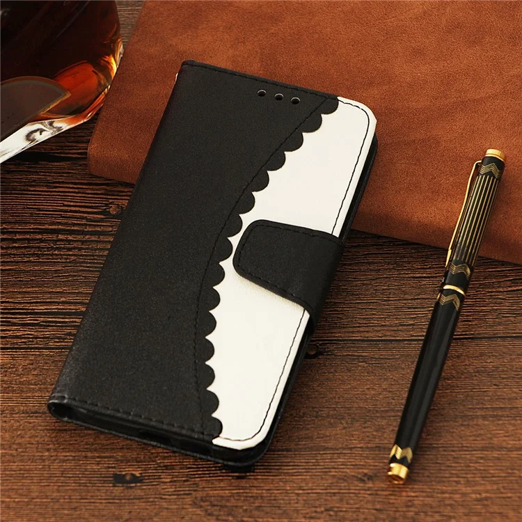 For Samsung Galaxy J7 V / J7 Perx Bi-color Splicing PU Leather Wallet Stand Case - Black / White