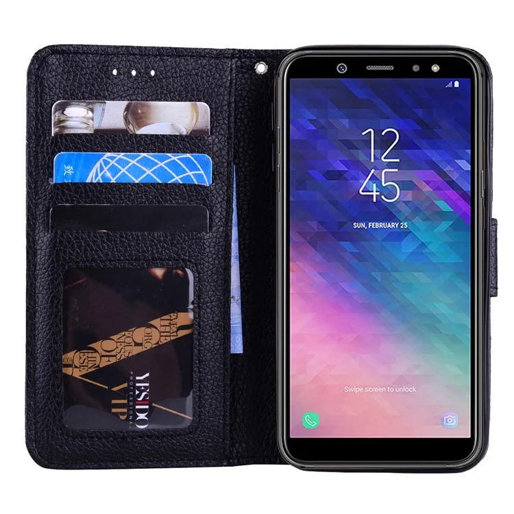 Litchi Grain PU Leather Stand Wallet Phone Case for Samsung Galaxy A6 (2018) - Black