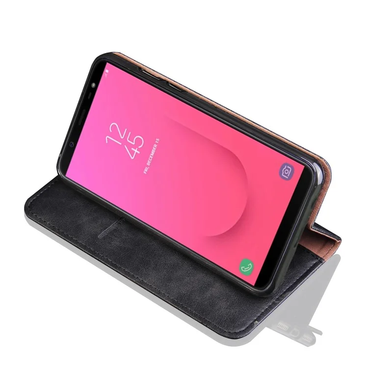 Auto-absorbed Retro Crazy Horse Leather Wallet Stand Case for Samsung Galaxy J8 (2018) - Black