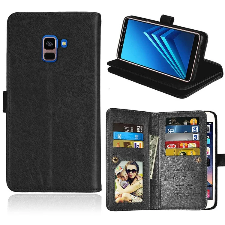 9 Card Slots Leather Wallet Stand Case for Samsung Galaxy A8+ (2018) - Black