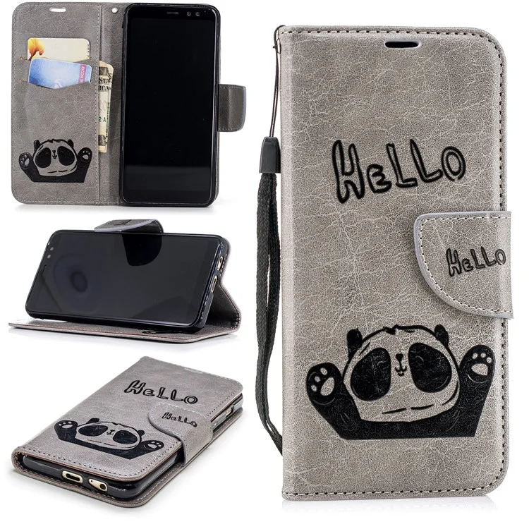 Imprinted Hello Panda Wallet Stand Leather Phone Case for Samsung Galaxy A8 (2018) - Grey
