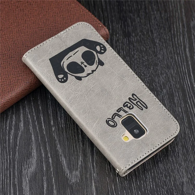 Imprinted Hello Panda Wallet Stand Leather Phone Case for Samsung Galaxy A8 (2018) - Grey