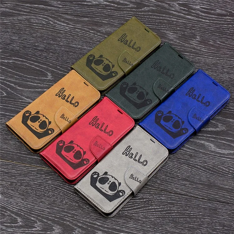 Imprinted Hello Panda Wallet Stand Leather Phone Case for Samsung Galaxy A8 (2018) - Grey
