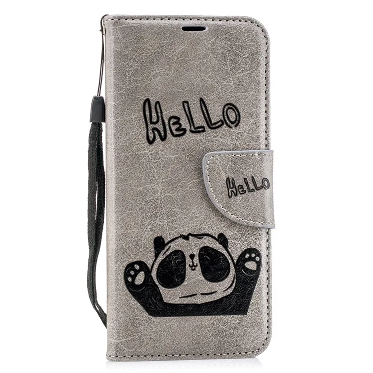 Imprinted Hello Panda Wallet Stand Leather Phone Case for Samsung Galaxy A8 (2018) - Grey