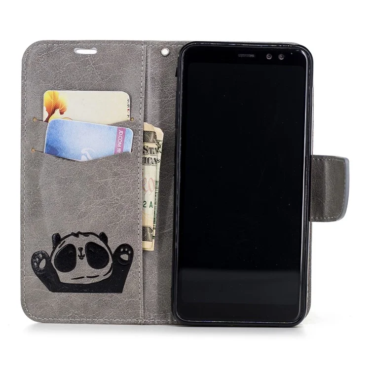 Imprinted Hello Panda Wallet Stand Leather Phone Case for Samsung Galaxy A8 (2018) - Grey