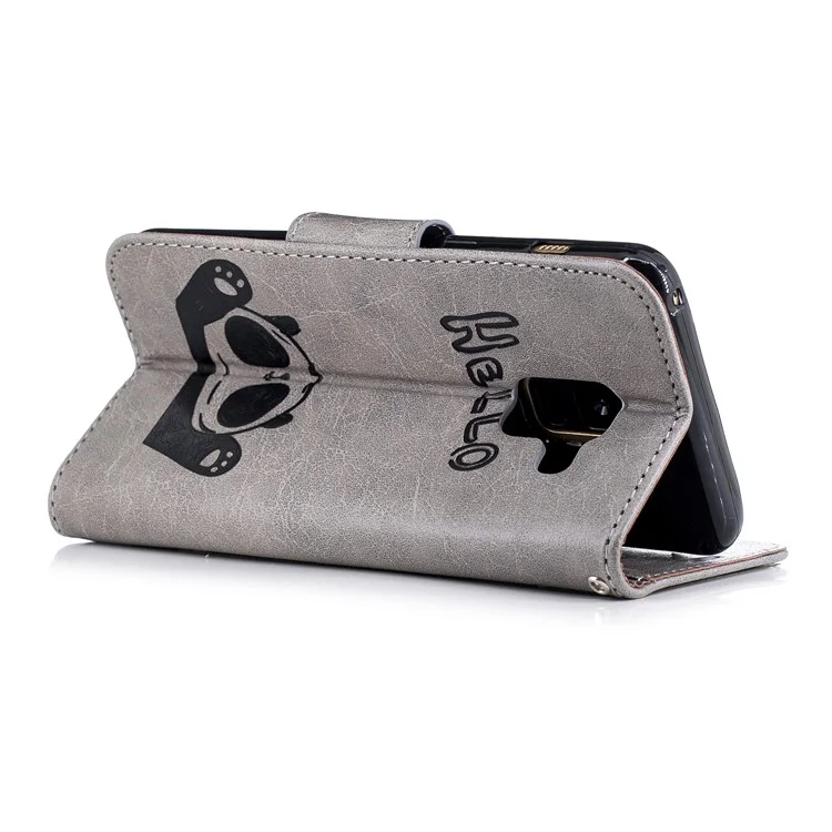 Imprinted Hello Panda Wallet Stand Leather Phone Case for Samsung Galaxy A8 (2018) - Grey