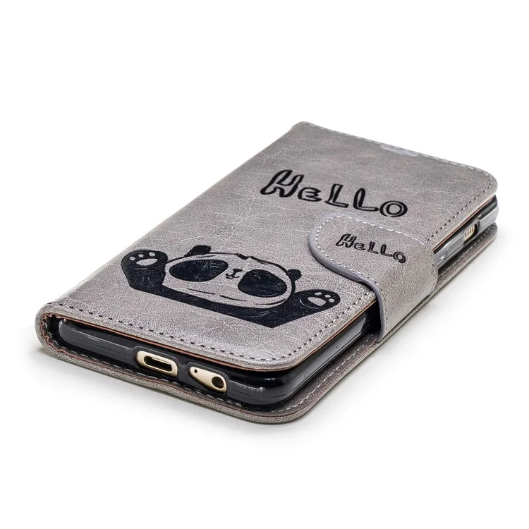 Imprinted Hello Panda Wallet Stand Leather Phone Case for Samsung Galaxy A8 (2018) - Grey