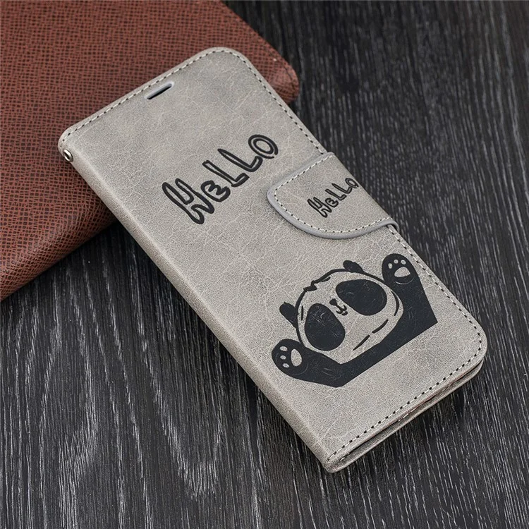 Imprinted Hello Panda Wallet Stand Leather Phone Case for Samsung Galaxy A8 (2018) - Grey