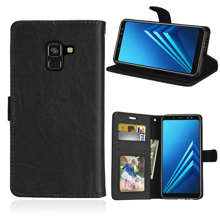 Solid Color PU Leather Wallet Cell Phone Cover for Samsung Galaxy A8 (2018) - Black