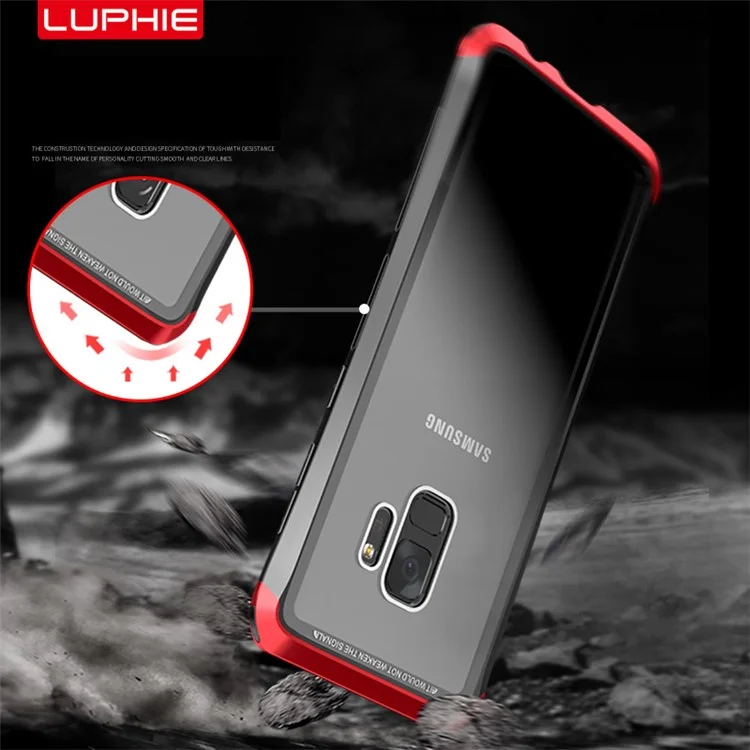 LUPHIE Drop-proof Tempered Glass + PC + Metal Hybrid Phone Cover for Samsung Galaxy S9 G960 - Red