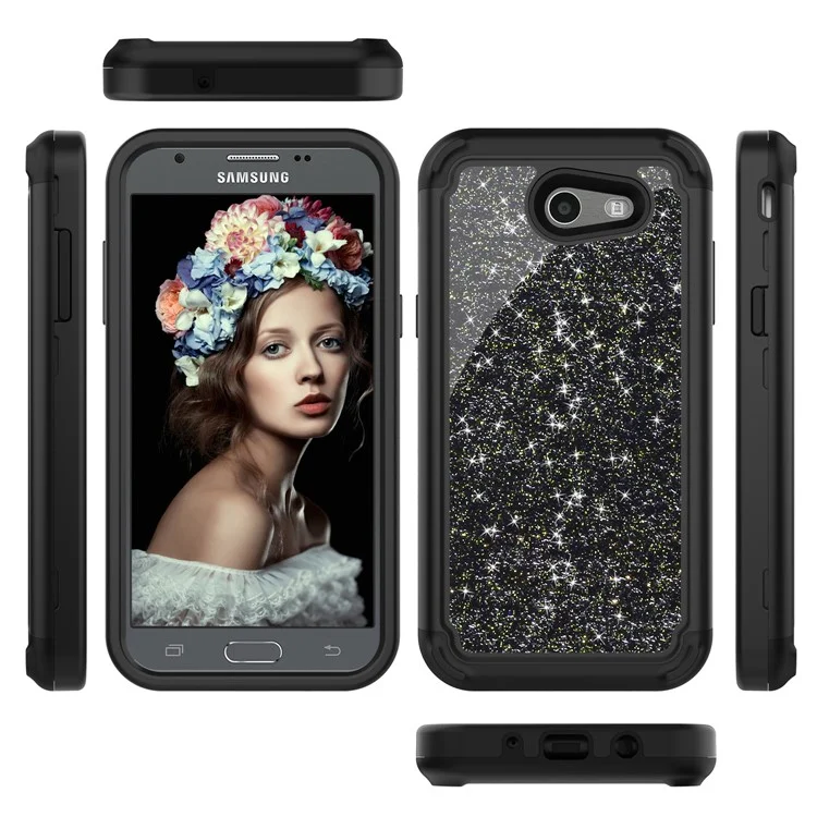 Glitter Powder Shockproof TPU PC Hybrid Case for Samsung Galaxy J3 (2017) US Version - Black
