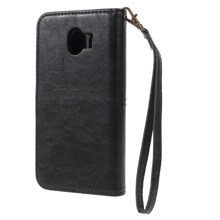 Premium Crazy Horse PU Leather Cover + Detachable Leather Coated TPU Back Casing for Samsung Galaxy J4 (2018) - Black