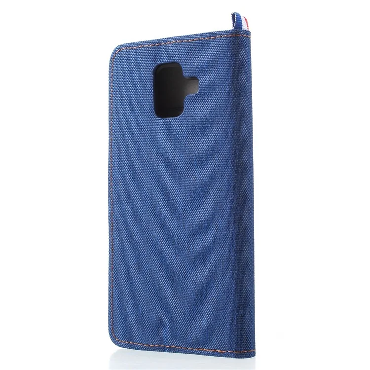 Jeans Cloth Card Holder Stand Leather Phone Case for Samsung Galaxy A6 (2018) - Dark Blue