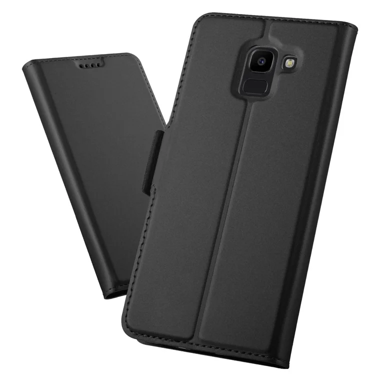Auto-absorbed Magnetic Stand Leather Card Holder Mobile Case for Samsung Galaxy J6 (2018) - Black