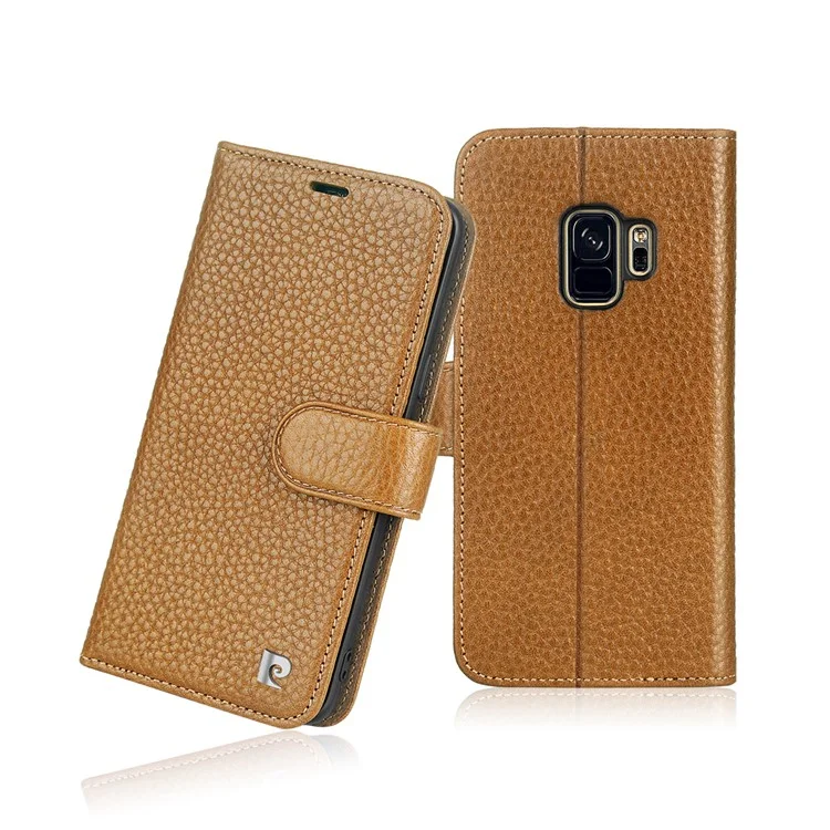 PIERRE CARDIN Litchi Skin Genuine Leather Wallet Phone Case for Samsung Galaxy S9 SM-G960 - Brown