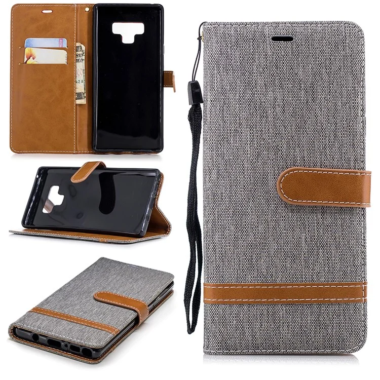 Case de Cuero de Billetera de Textura de Tela de Jeans Para Samsung Galaxy Note 9 - Gris