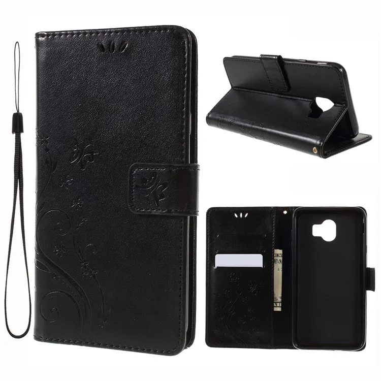 Imprinted Butterfly Flowers Stand Leather Wallet Mobile Phone Shell for Samsung Galaxy J4 (2018) - Black