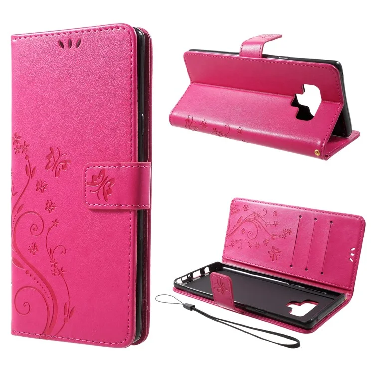 Imprint Butterfly Flower Stand Wallet Leather Case for Samsung Galaxy Note 9 - Rose