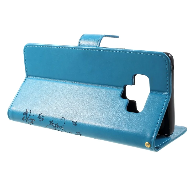 Imprint Butterfly Flower Stand Wallet Leather Mobile Shell Case for Samsung Galaxy Note 9 - Blue