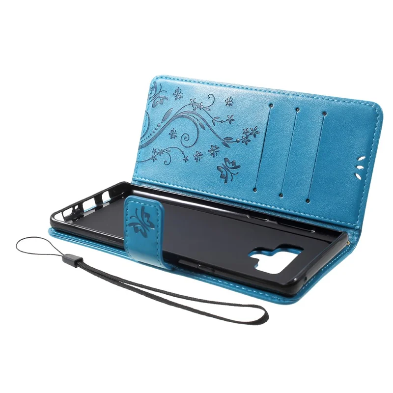 Imprint Butterfly Flower Stand Wallet Leather Mobile Shell Case for Samsung Galaxy Note 9 - Blue