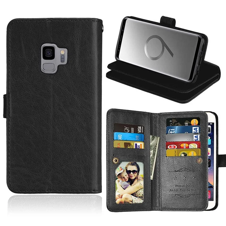 9 Card Slots Leather Wallet Stand Case Cover for Samsung Galaxy S9 G960 - Black