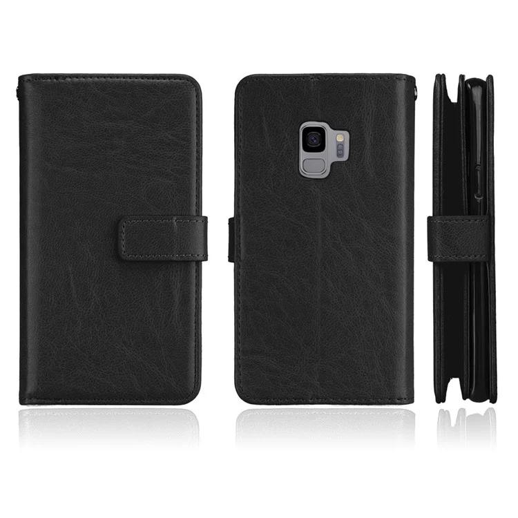 9 Card Slots Leather Wallet Stand Case Cover for Samsung Galaxy S9 G960 - Black