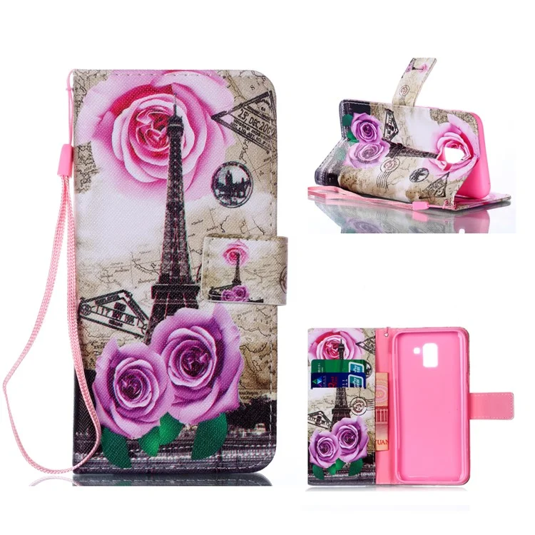 Pattern Printing Leather Wallet Case for Samsung Galaxy J6 (2018) - Eiffel Tower and Flowers