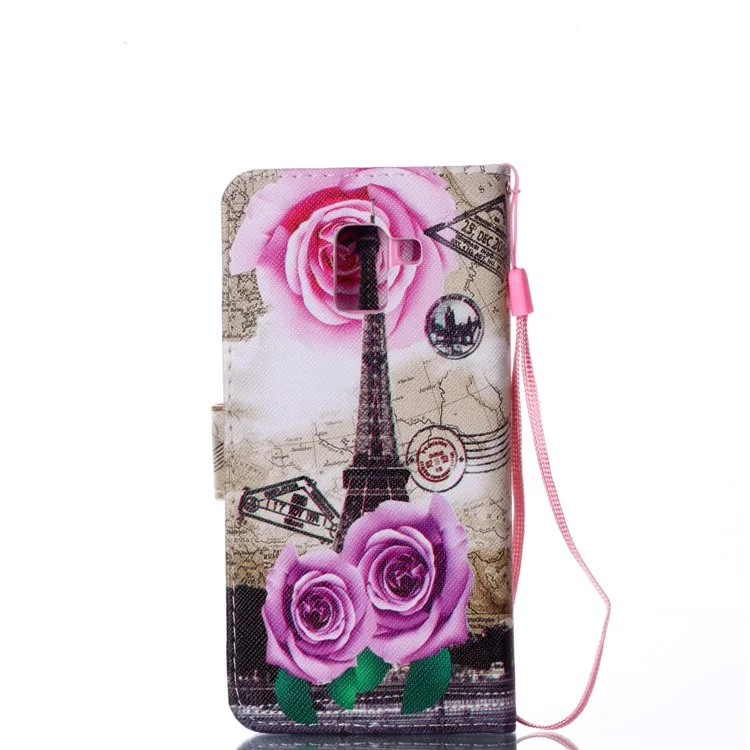 Pattern Printing Leather Wallet Case for Samsung Galaxy J6 (2018) - Eiffel Tower and Flowers