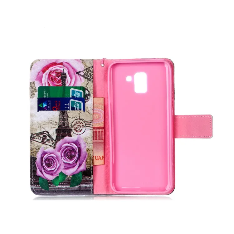 Pattern Printing Leather Wallet Case for Samsung Galaxy J6 (2018) - Eiffel Tower and Flowers