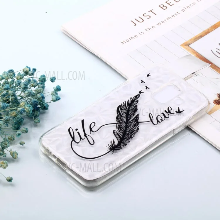 For Samsung Galaxy A6 (2018) Embossed Flower Pattern 3D Diamond Surface TPU Phone Casing - Feather Pen