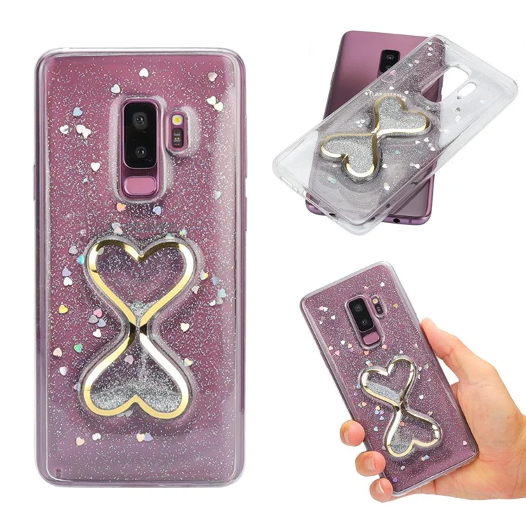 Glittery Powder Double-heart Dynamic Quicksand Epoxy PC + TPU Hybrid Case for Samsung Galaxy S9 Plus SM-G965 - Silver