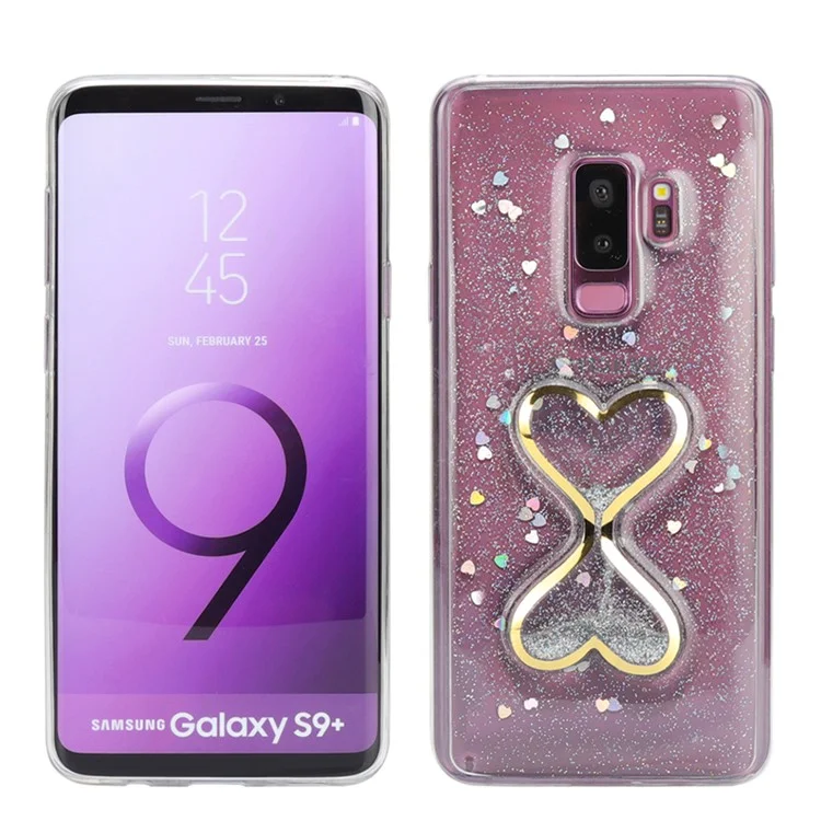 Glittery Powder Double-heart Dynamic Quicksand Epoxy PC + TPU Hybrid Case for Samsung Galaxy S9 Plus SM-G965 - Silver