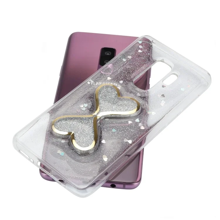 Glittery Powder Double-heart Dynamic Quicksand Epoxy PC + TPU Hybrid Case for Samsung Galaxy S9 Plus SM-G965 - Silver