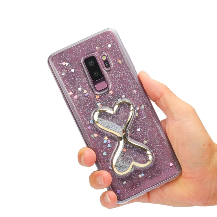 Glittery Powder Double-heart Dynamic Quicksand Epoxy PC + TPU Hybrid Case for Samsung Galaxy S9 Plus SM-G965 - Silver