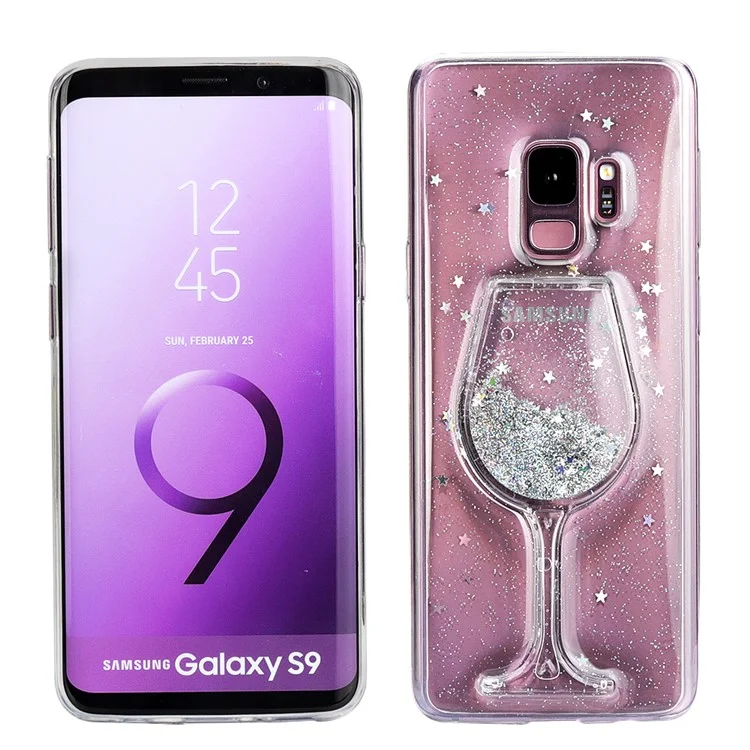 For Samsung Galaxy S9 G960 Glittery Powder Moving Wine Glass Quicksand Epoxy PC TPU Hybrid Phone Case - Silver