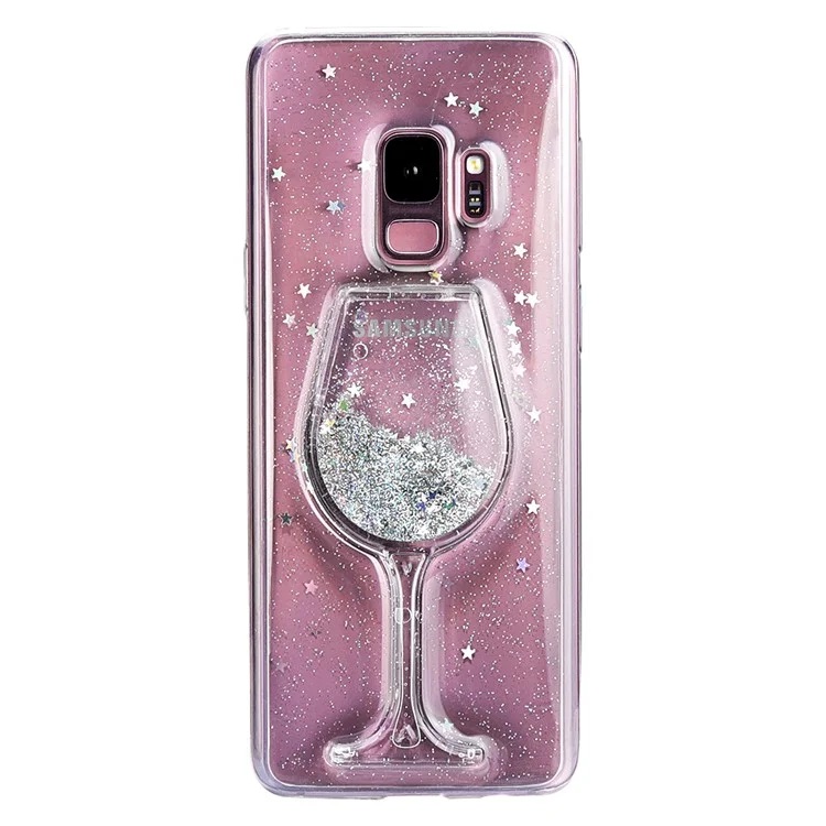 For Samsung Galaxy S9 G960 Glittery Powder Moving Wine Glass Quicksand Epoxy PC TPU Hybrid Phone Case - Silver