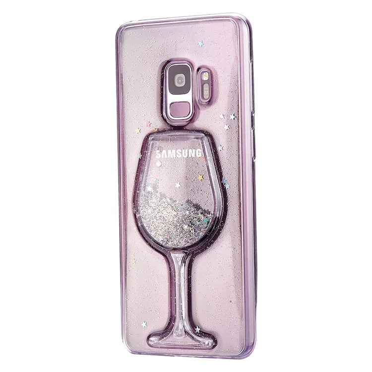 For Samsung Galaxy S9 G960 Glittery Powder Moving Wine Glass Quicksand Epoxy PC TPU Hybrid Phone Case - Silver
