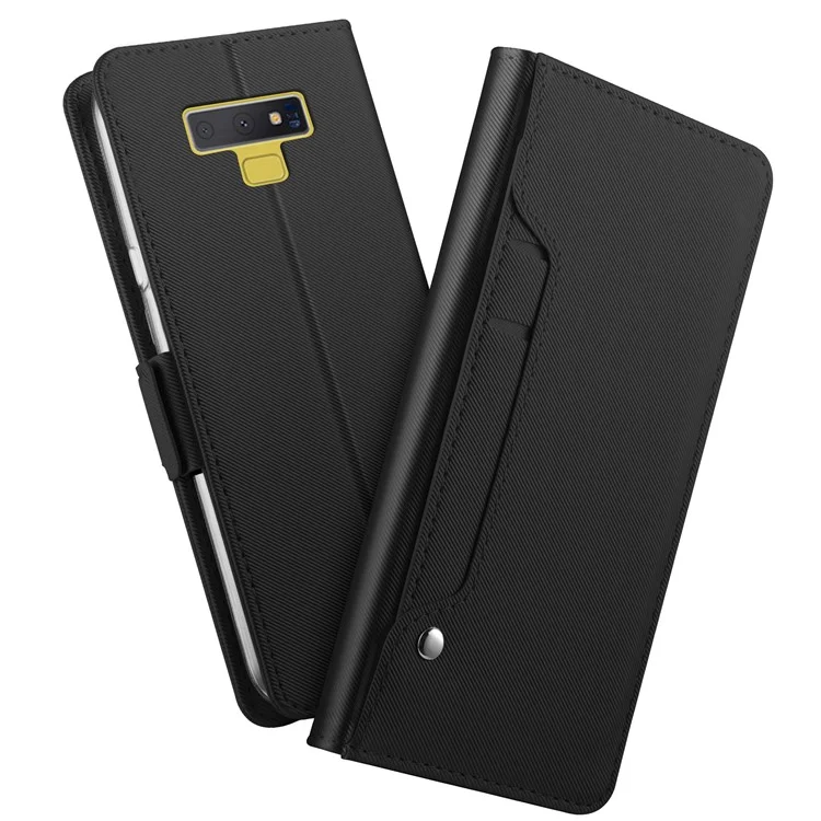 Leather Wallet Stand Case and Makeup Mirror for Samsung Galaxy Note 9 - Black