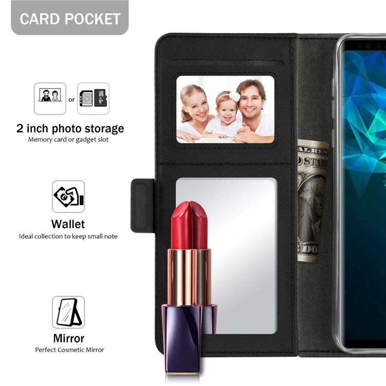 Leather Wallet Stand Case and Makeup Mirror for Samsung Galaxy Note 9 - Black