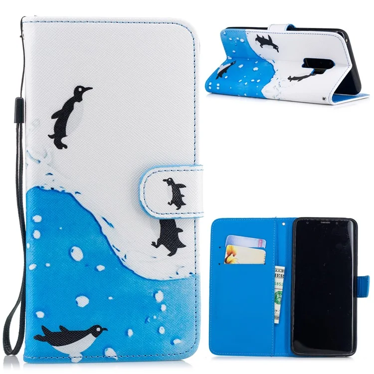 Pattern Printing Wallet Stand Leather Case for Samsung Galaxy S9+ G965 - Penguins