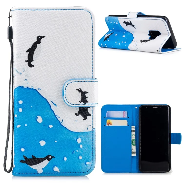 For Samsung Galaxy S9 G960 Pattern Printing Wallet Stand Leather Cover - Penguins