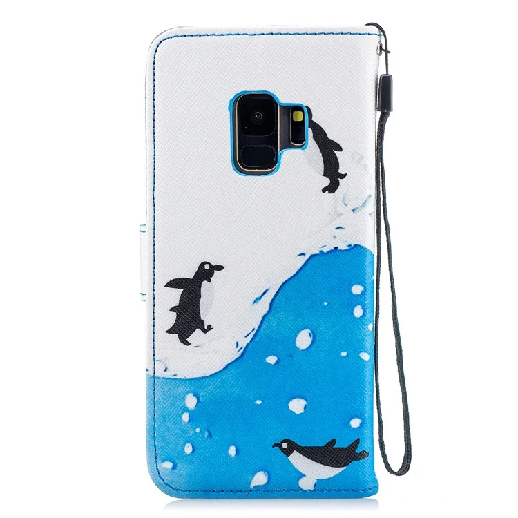 For Samsung Galaxy S9 G960 Pattern Printing Wallet Stand Leather Cover - Penguins