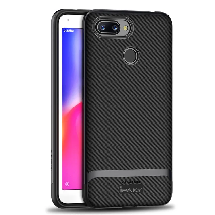 IPAKY 2-Piece PC Bumper + Carbon Fiber TPU Hybrid Case for Xiaomi Redmi 6 (Dual Camera: 12MP+5MP) - All Black