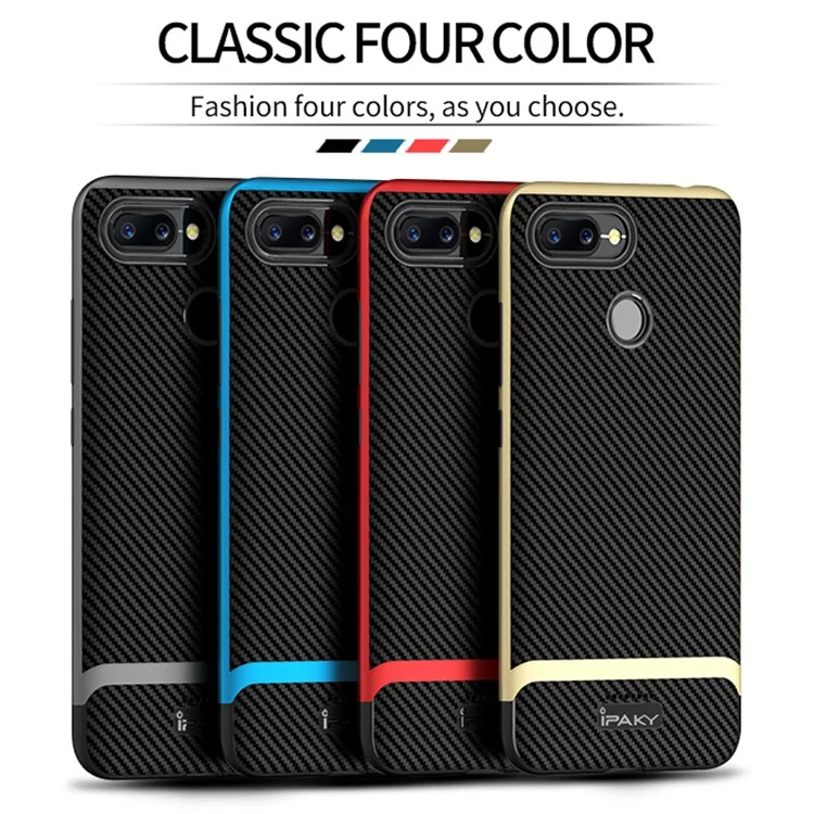 IPAKY 2-Piece PC Bumper + Carbon Fiber TPU Hybrid Case for Xiaomi Redmi 6 (Dual Camera: 12MP+5MP) - All Black