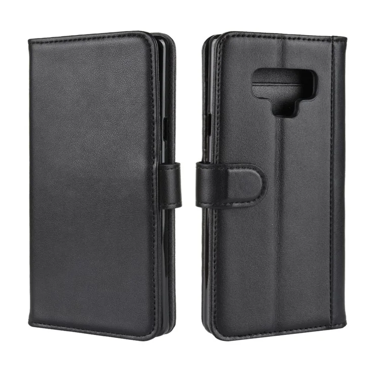 Genuine Split Leather Wallet Stand Phone Case for Samsung Galaxy Note 9 - Black