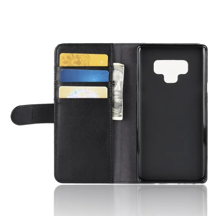 Genuine Split Leather Wallet Stand Phone Case for Samsung Galaxy Note 9 - Black